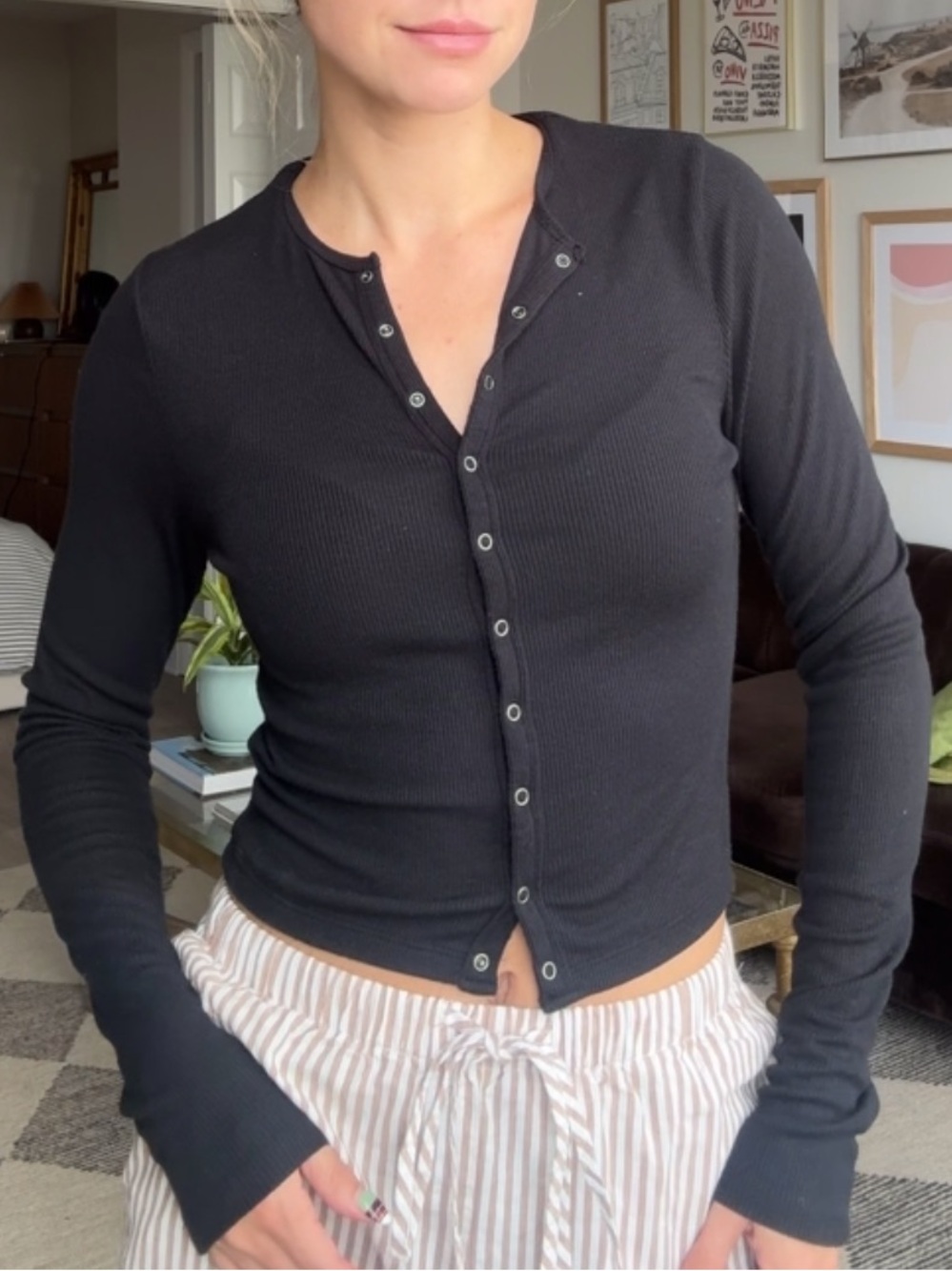 Abercrombie & Fitch Black Ribbed Snap-Front Long Sleeve Top